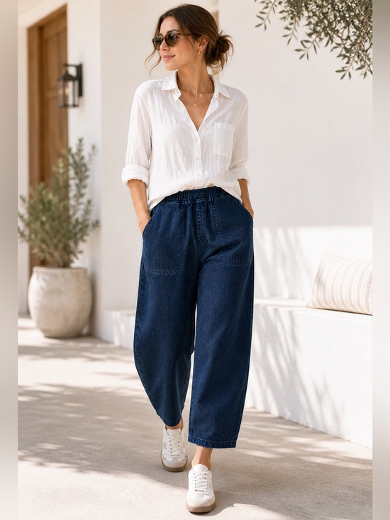 Denim - Barrel Leg Denim Pants High Rise Pull On Elastic Waist Utility Jeans Size L